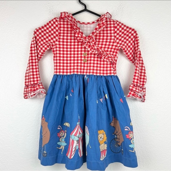 ELEANOR ROSE Circus Parade Miley Dress, Red Gingham with Circus Print Skirt, 5/6 - Picture 2 of 10